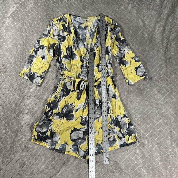 Elevenses Women XS Romper Shorts Yellow Floral V Neck Faux Wrap Belt Half Sleeve - Picture 7 of 11